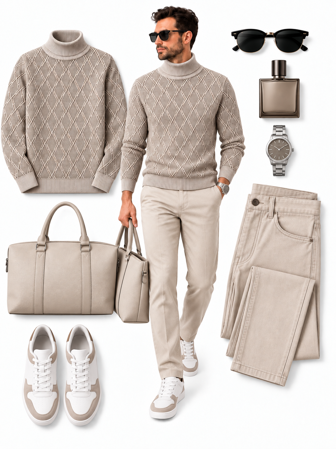 Men's Khaki Diamond Jacquard Turtleneck Sweater & Textured Straight‑Leg Pants 2‑Piece Outfit Set