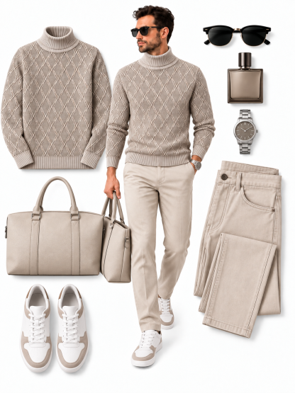 Men's Khaki Diamond Jacquard Turtleneck Sweater & Textured Straight‑Leg Pants 2‑Piece Outfit Set