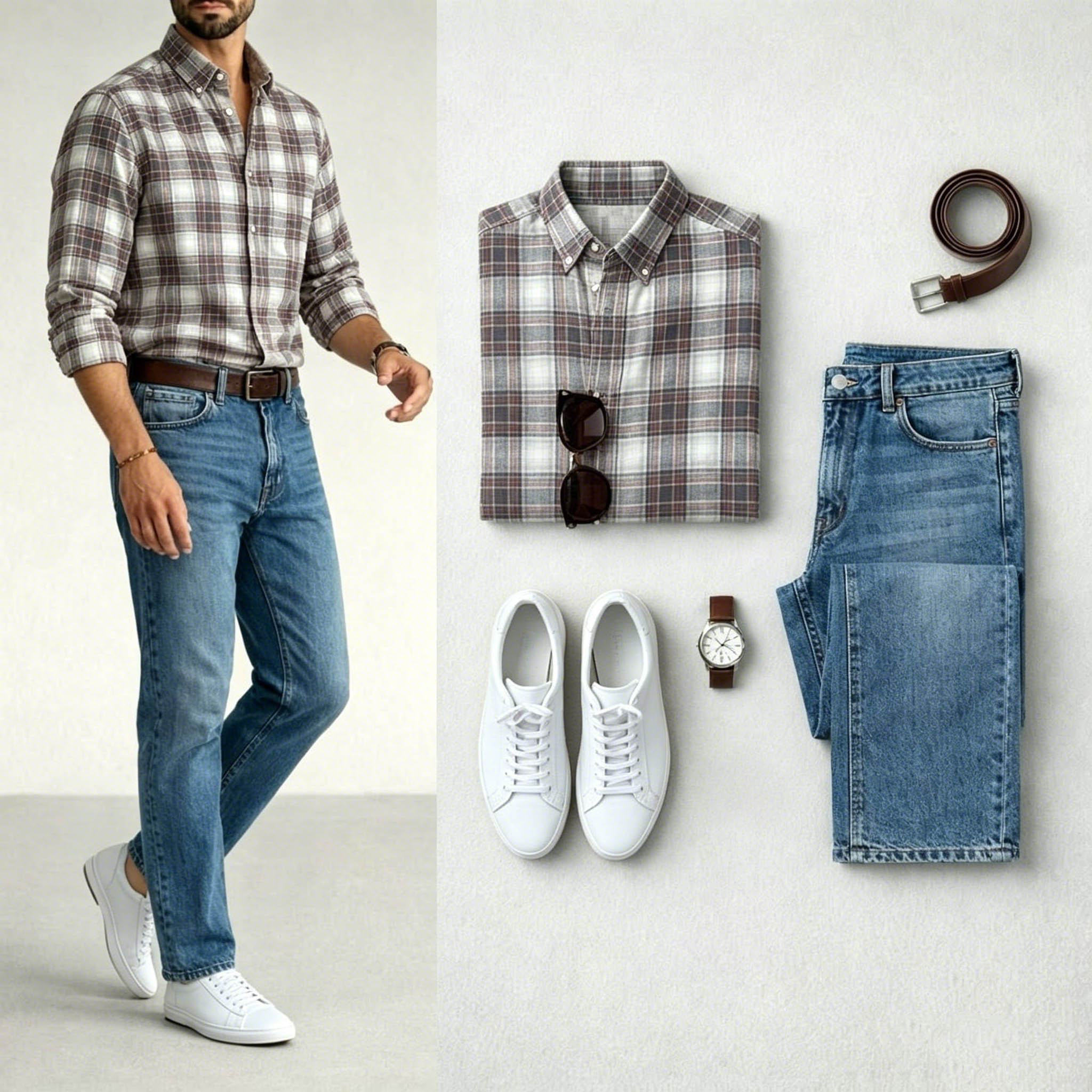 Men's Brown & Blue Color Matching Retro Style Plaid Printed Lapel Collar Long Sleeves Shirt & Jeans Two-Piece Set