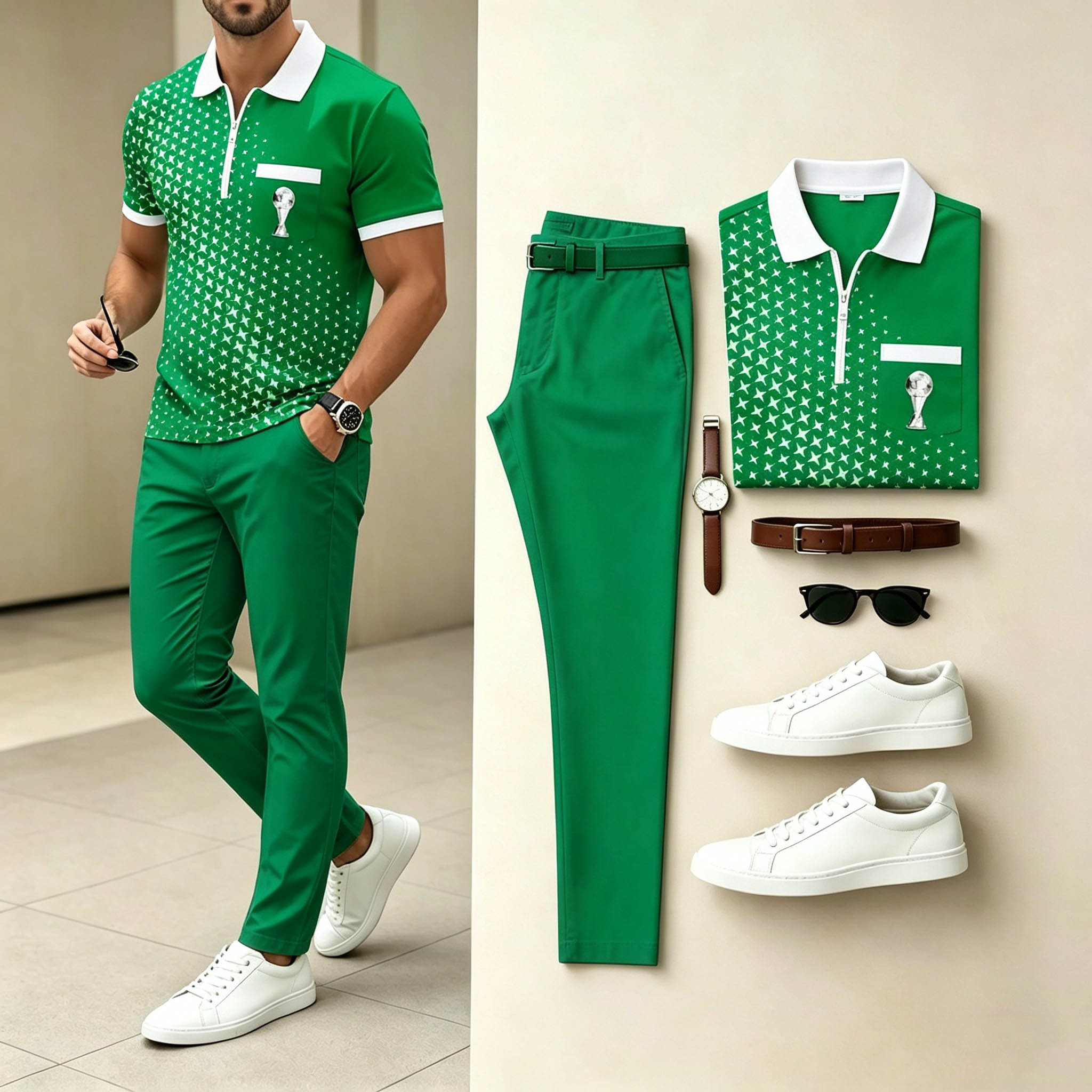 Men's Casual Green White Star Trophy Print Polo Shirt & Green Pants Two-Piece Set
