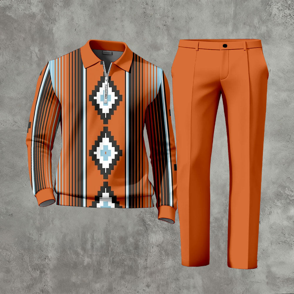 Men's Casual Orange & Blue Color Matching Vintage Printed Polo-Collar Zipper Long Sleeved Trousers Two-Piece Set