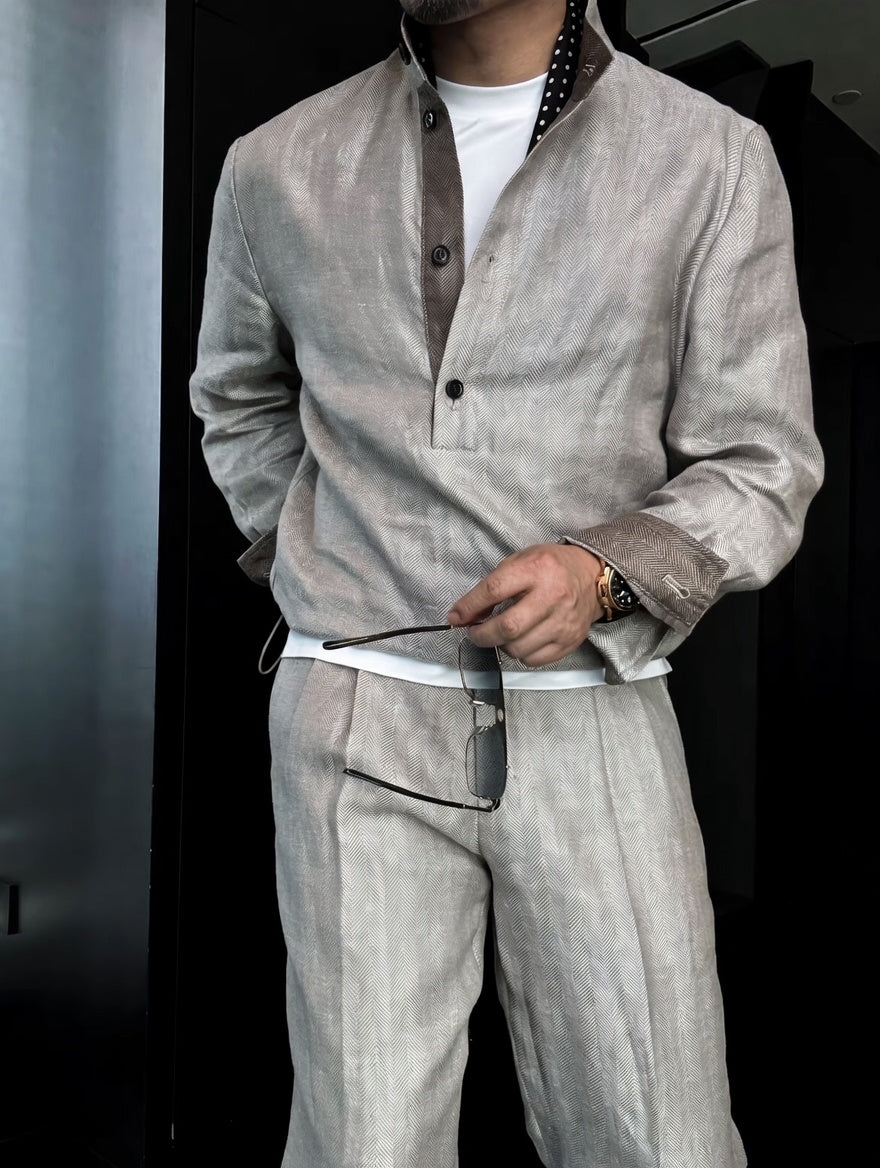 Premium Linen Mandarin Collar Suit-Sky Blue