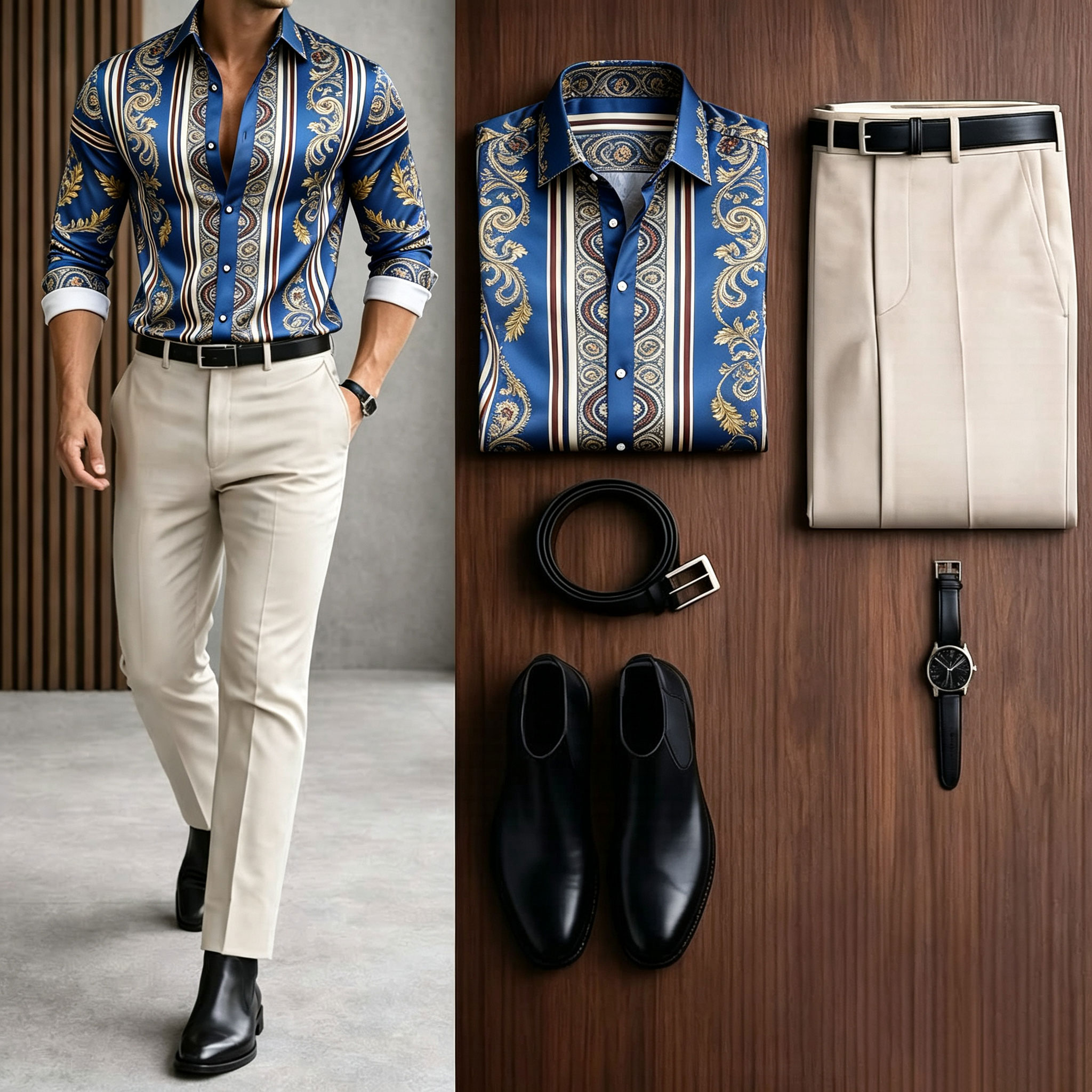 Men's Casual Blue Long Sleeve Baroque Shirt & Khaki Chino Pants Two-Piece Set
