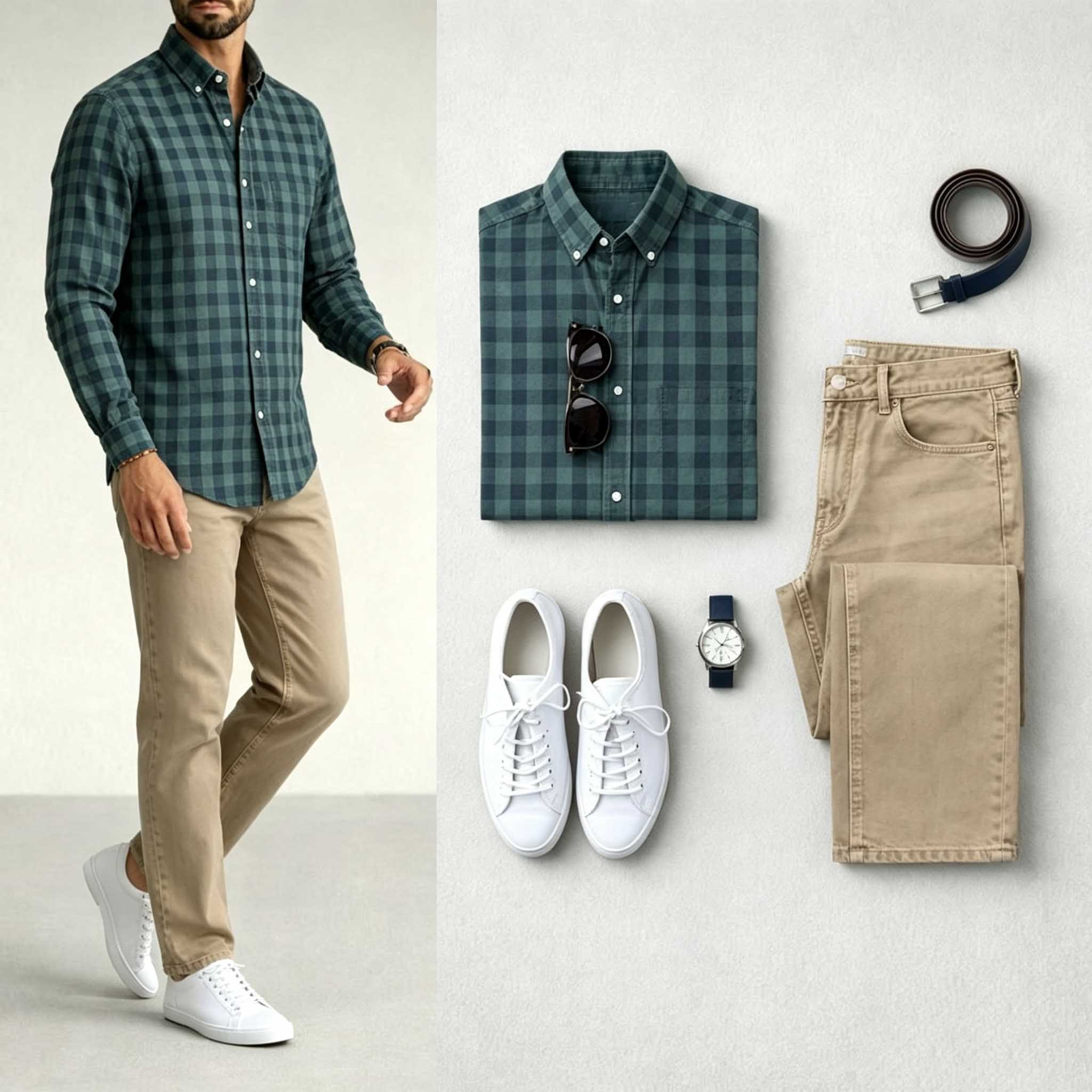 Men's Green & Khaki Color Matching Retro Style Plaid Printed Lapel Collar Long Sleeves Shirt & Jeans Two-Piece Set