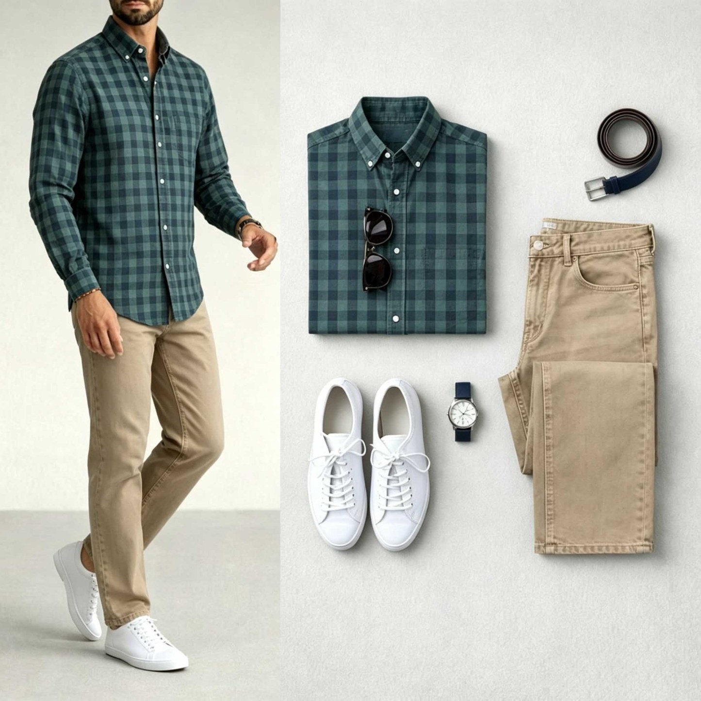 Men's Green & Khaki Color Matching Retro Style Plaid Printed Lapel Collar Long Sleeves Shirt & Jeans Two-Piece Set