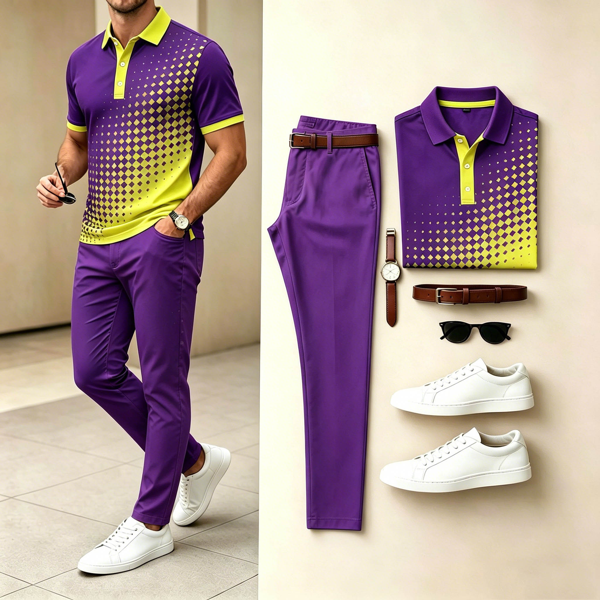Men's Casual Purple Yellow Gradient Diamond Polo Shirt & Purple Pants Two-Piece Set
