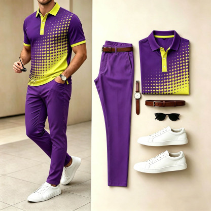 Men's Casual Purple Yellow Gradient Diamond Polo Shirt & Purple Pants Two-Piece Set