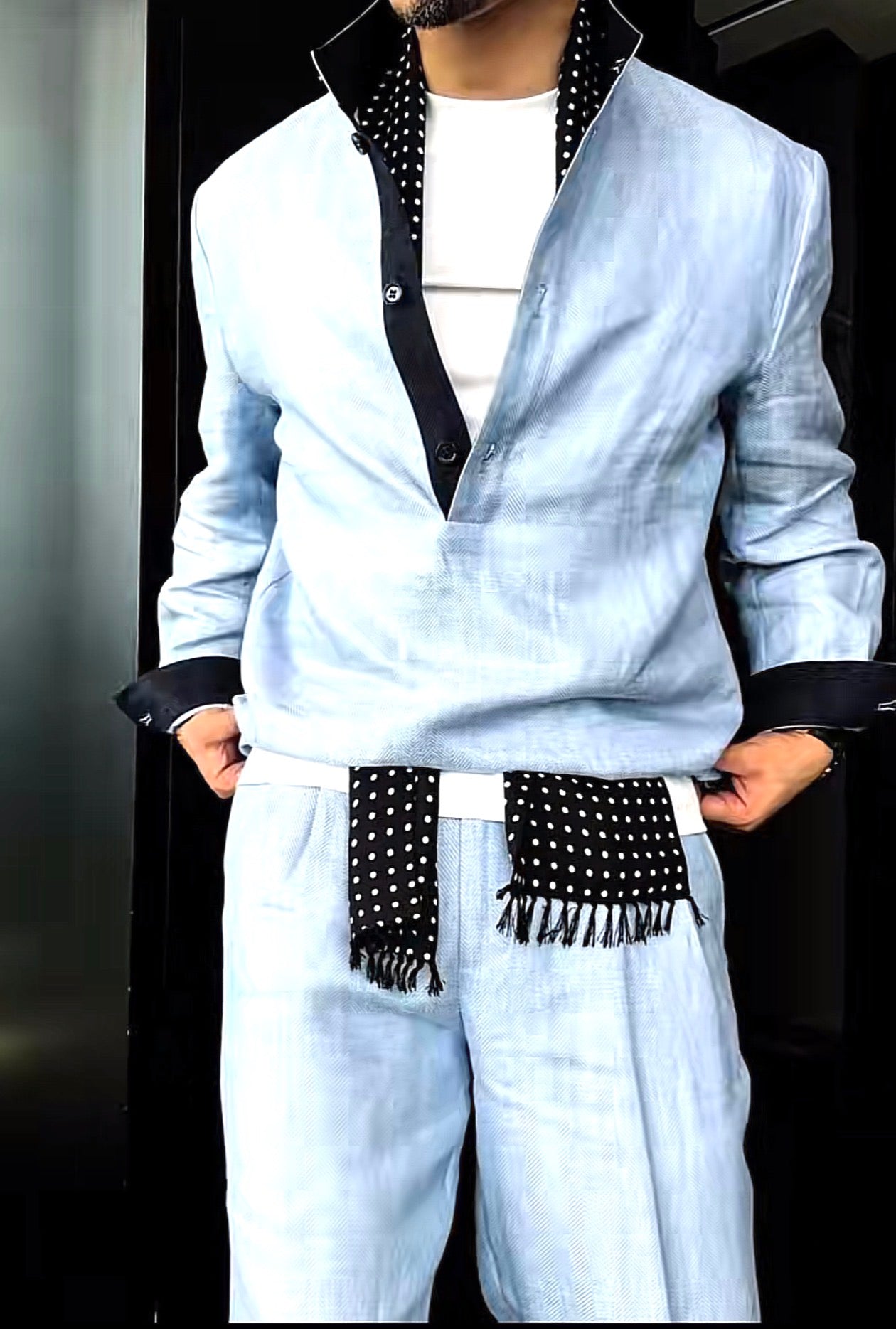 Premium Linen Mandarin Collar Suit-Sky Blue