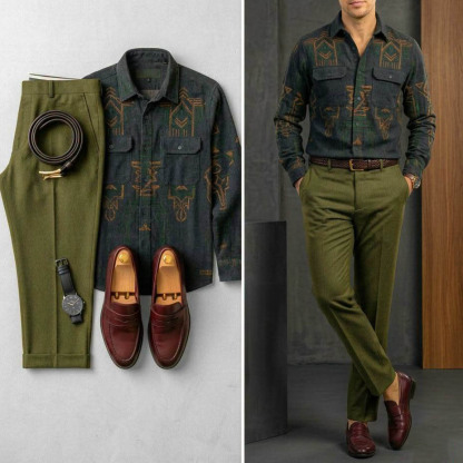 Men's Casual Ethnic Geometric Printed Long Sleeve Shirt & Olive Green Chino Pants Two-Piece Set