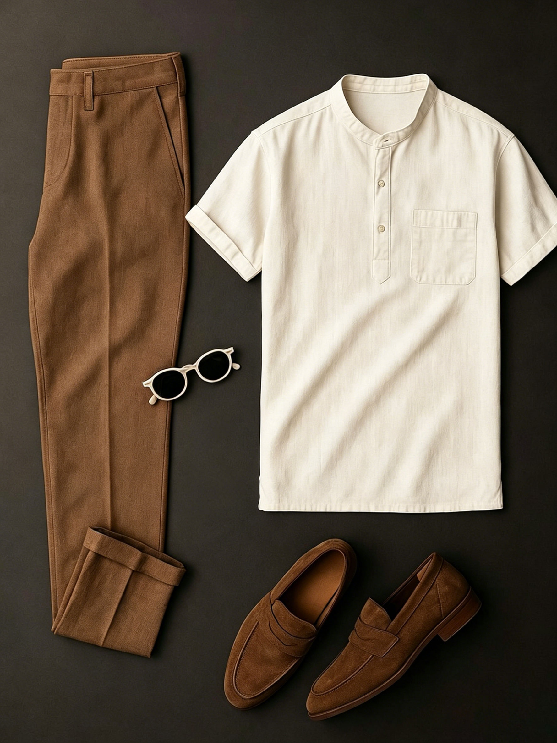Men's Beige & Yellow Brown Solid Color Short Sleeves Henry Collar Shirt & Chino Pants Two-Piece Set