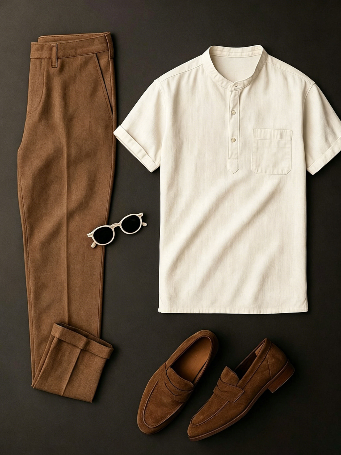 Men's Beige & Yellow Brown Solid Color Short Sleeves Henry Collar Shirt & Chino Pants Two-Piece Set