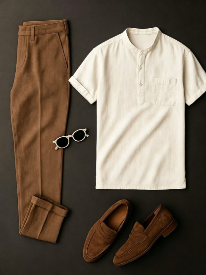 Men's Beige & Yellow Brown Solid Color Short Sleeves Henry Collar Shirt & Chino Pants Two-Piece Set