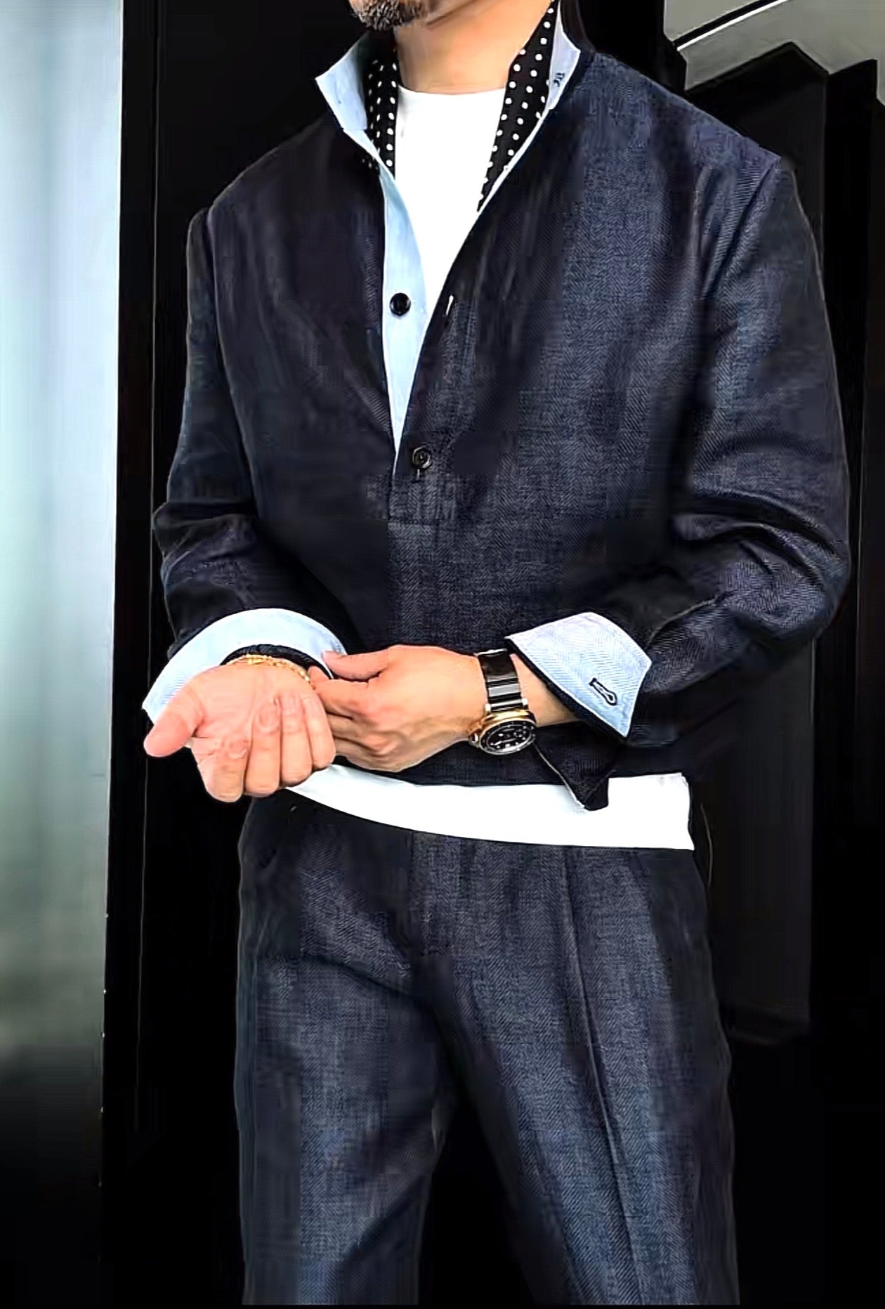 Premium Linen Mandarin Collar Suit-Sky Blue