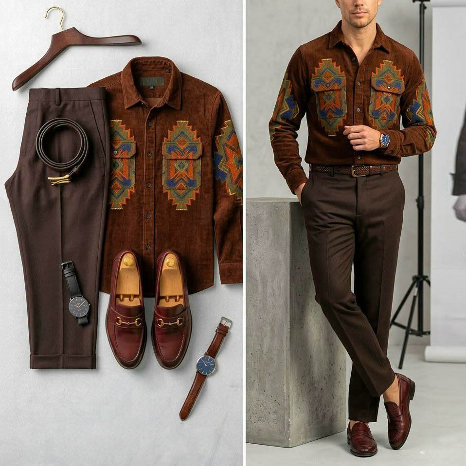 Men's Casual Color Matching Satin Printed Long Sleeves Shirt & Trousers Two Piece Set