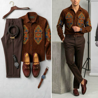 Men's Casual Southwest Ethnic Printed Corduroy Long Sleeve Shirt & Brown Chino Pants Two-Piece Set