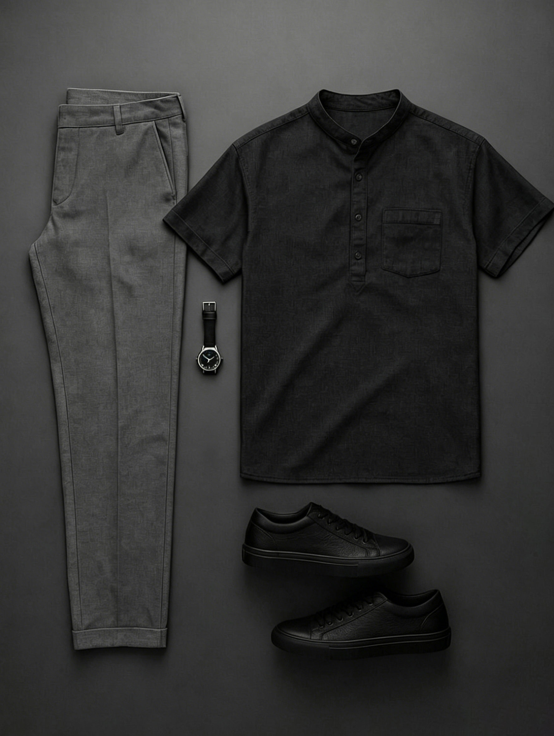 Men's Black & Dark Gray Solid Color Short Sleeves Henry Collar Shirt & Chino Pants Two-Piece Set