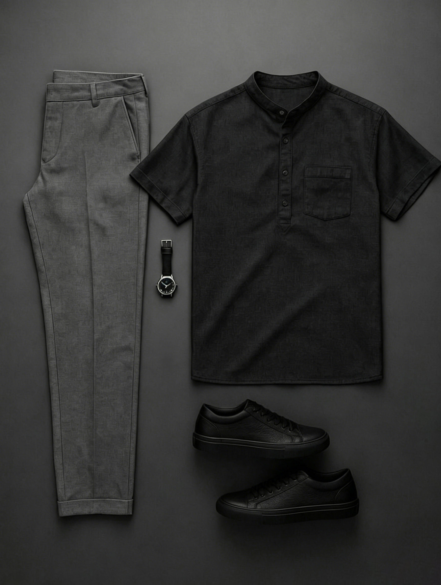 Men's Black & Dark Gray Solid Color Short Sleeves Henry Collar Shirt & Chino Pants Two-Piece Set