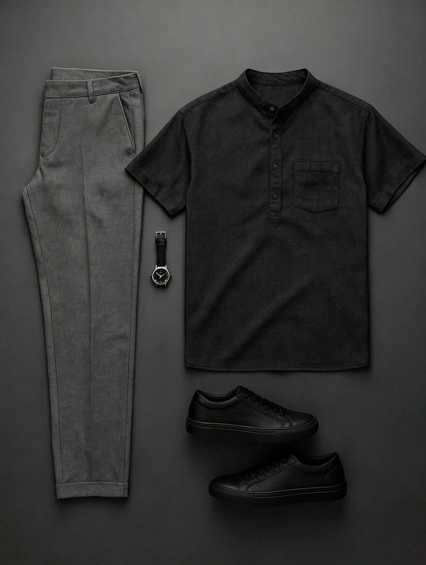 Men's Black & Dark Gray Solid Color Short Sleeves Henry Collar Shirt & Chino Pants Two-Piece Set
