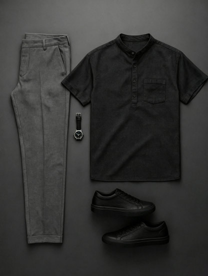 Men's Black & Dark Gray Solid Color Short Sleeves Henry Collar Shirt & Chino Pants Two-Piece Set