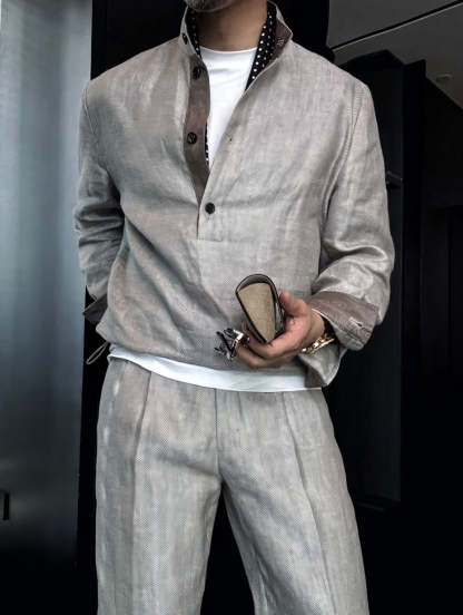 Premium Linen Mandarin Collar Suit-Sky Blue