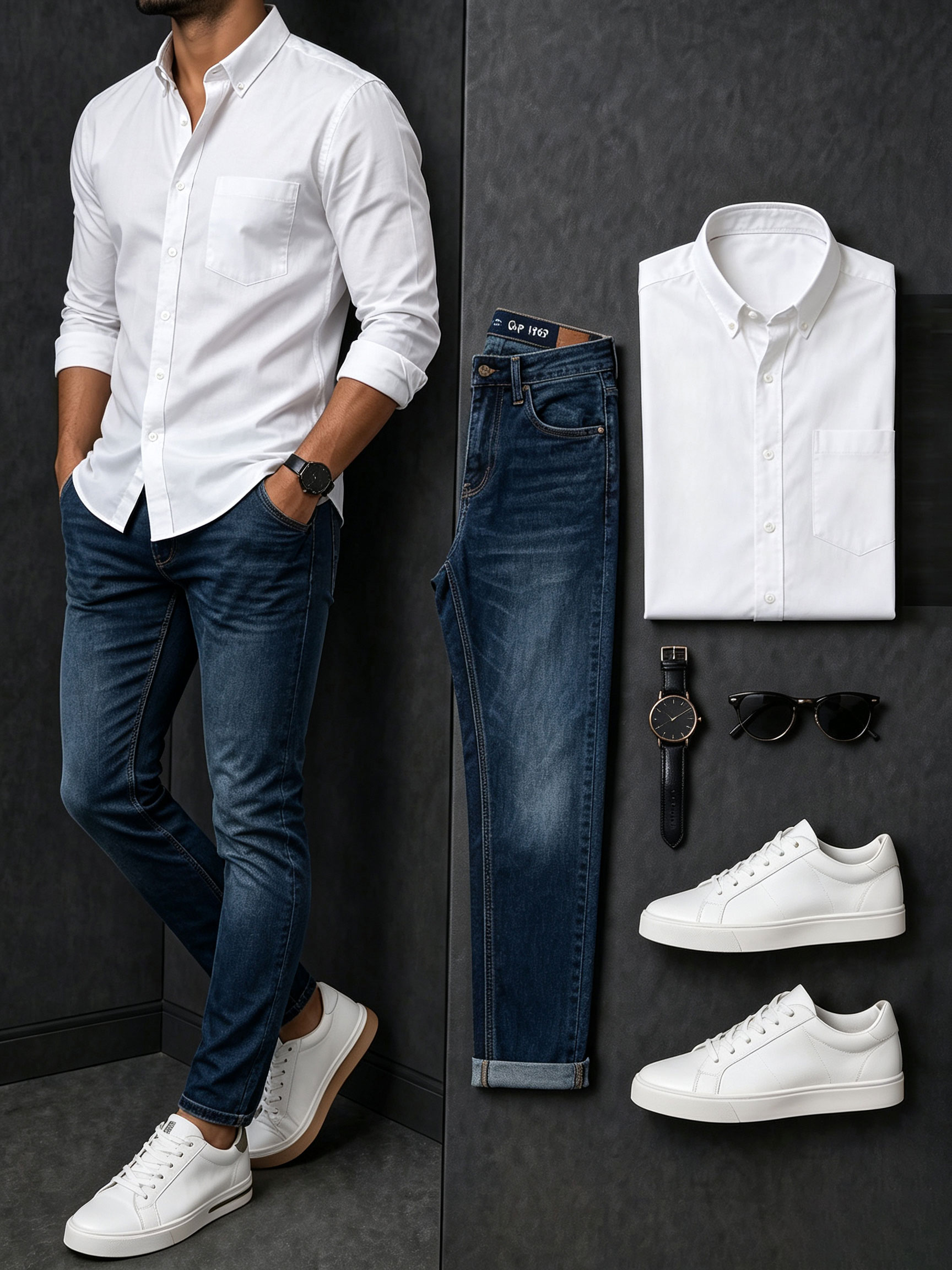 Men's Casual White Long Sleeves Shirt & Gray Jeans Pants Two Piece Set