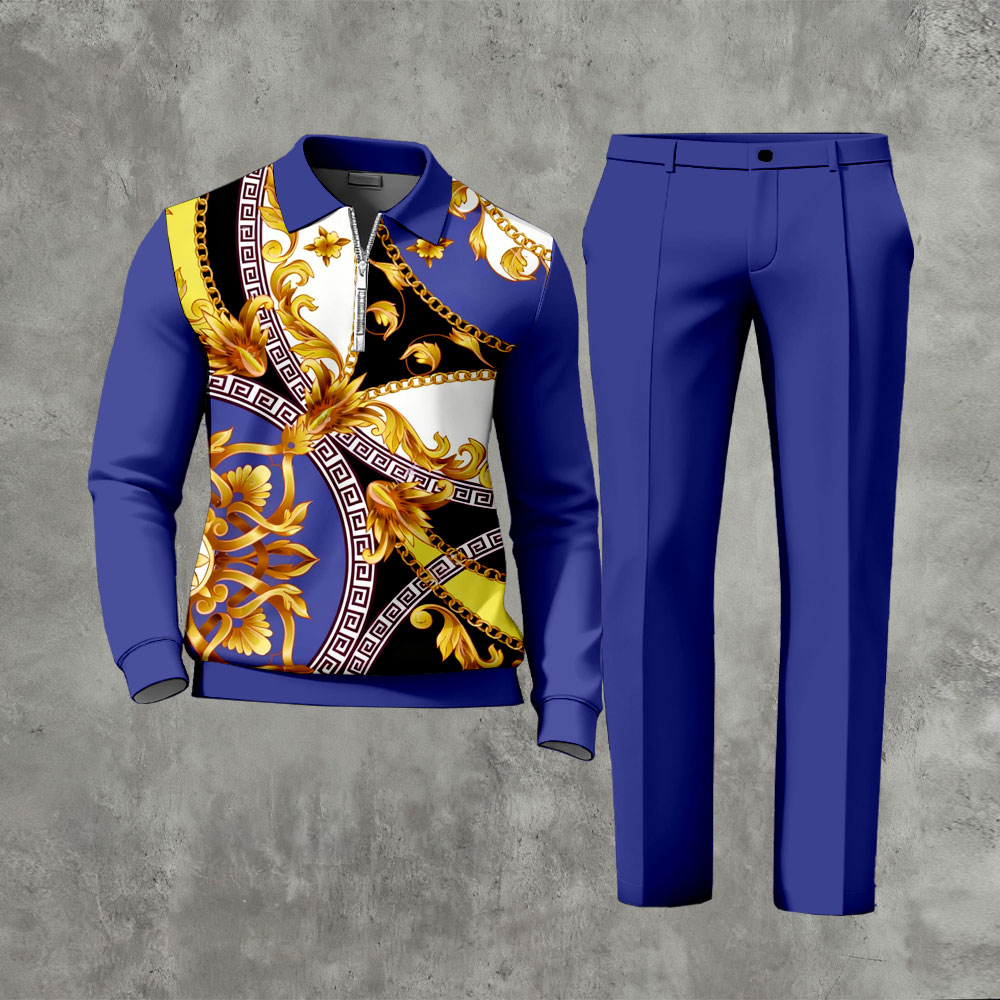 Men's Casual Purple & White Color Matching Vintage Pattenr Polo-Collar Zipper Long Sleeved Trousers Two-Piece Set