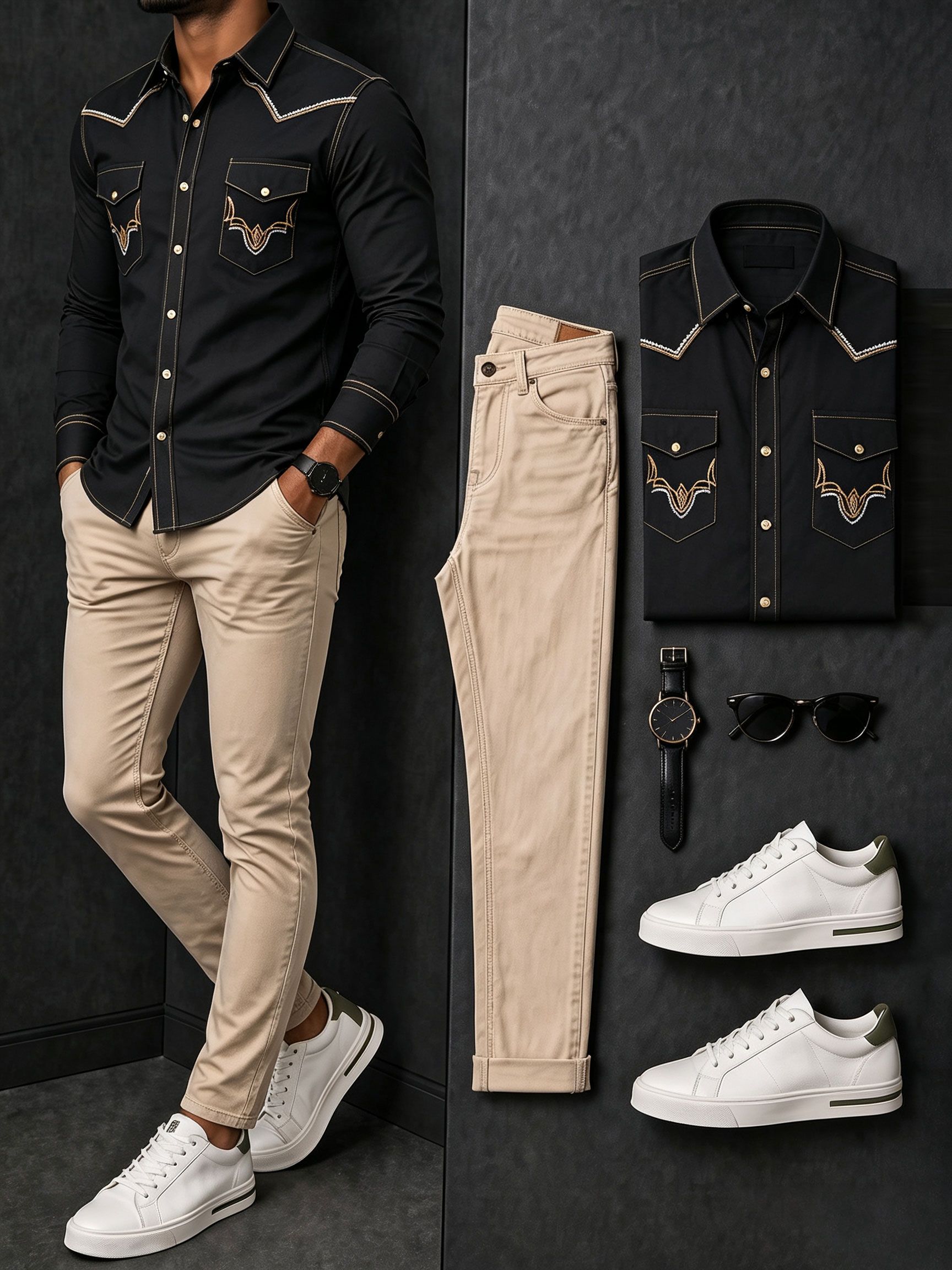Men's Casual Black Retro Style Printed Long Sleeves Shirt & Khaki Jeans Pants Two Piece Set