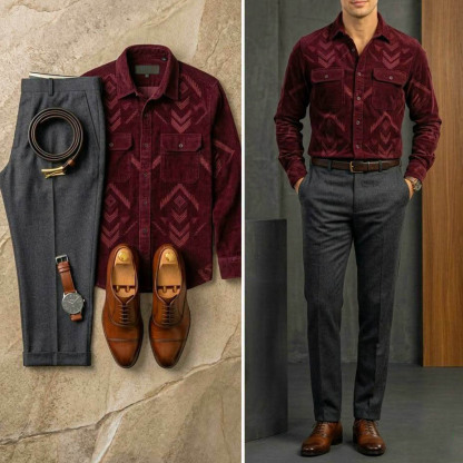 Men's Casual Chevron Printed Corduroy Long Sleeve Shirt & Dark Gray Chino Pants Two-Piece Set