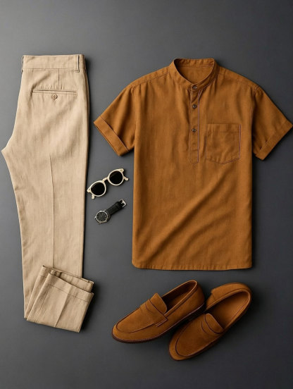 Men's Yellow Brown & Khaki Solid Color Short Sleeves Henry Collar Shirt & Chino Pants Two-Piece Set