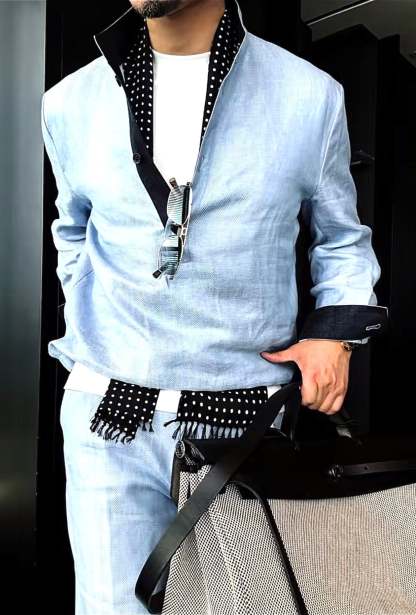 Premium Linen Mandarin Collar Suit-Sky Blue
