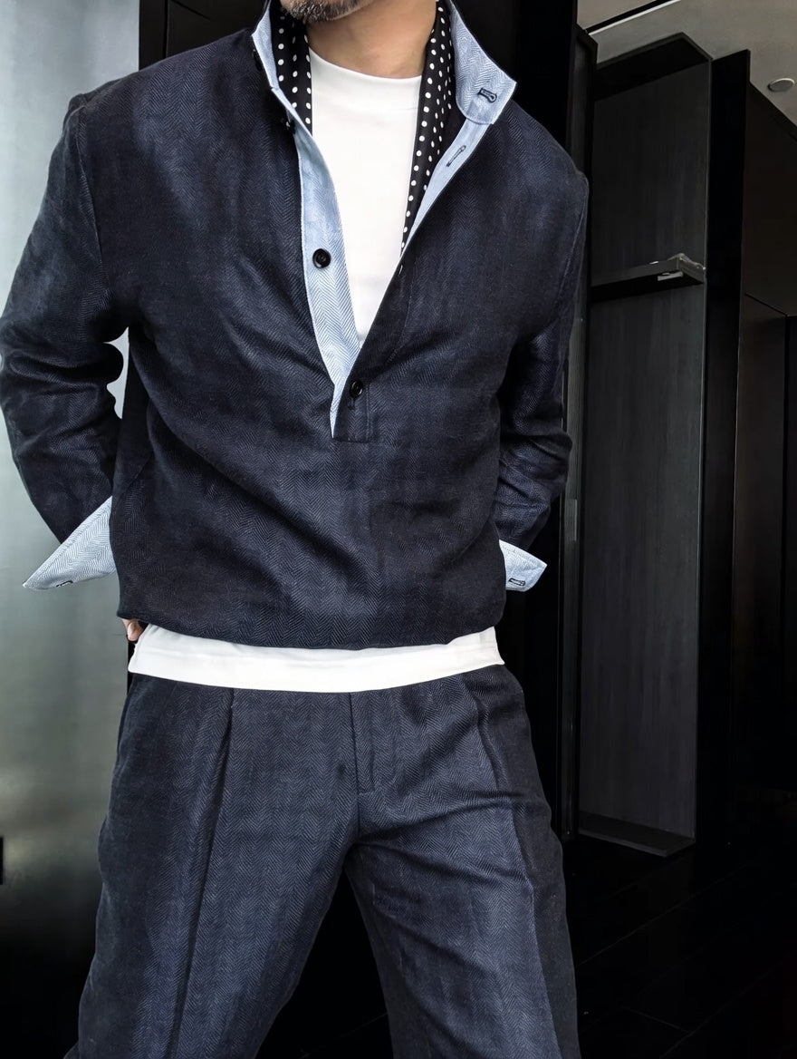 Premium Linen Mandarin Collar Suit-Sky Blue