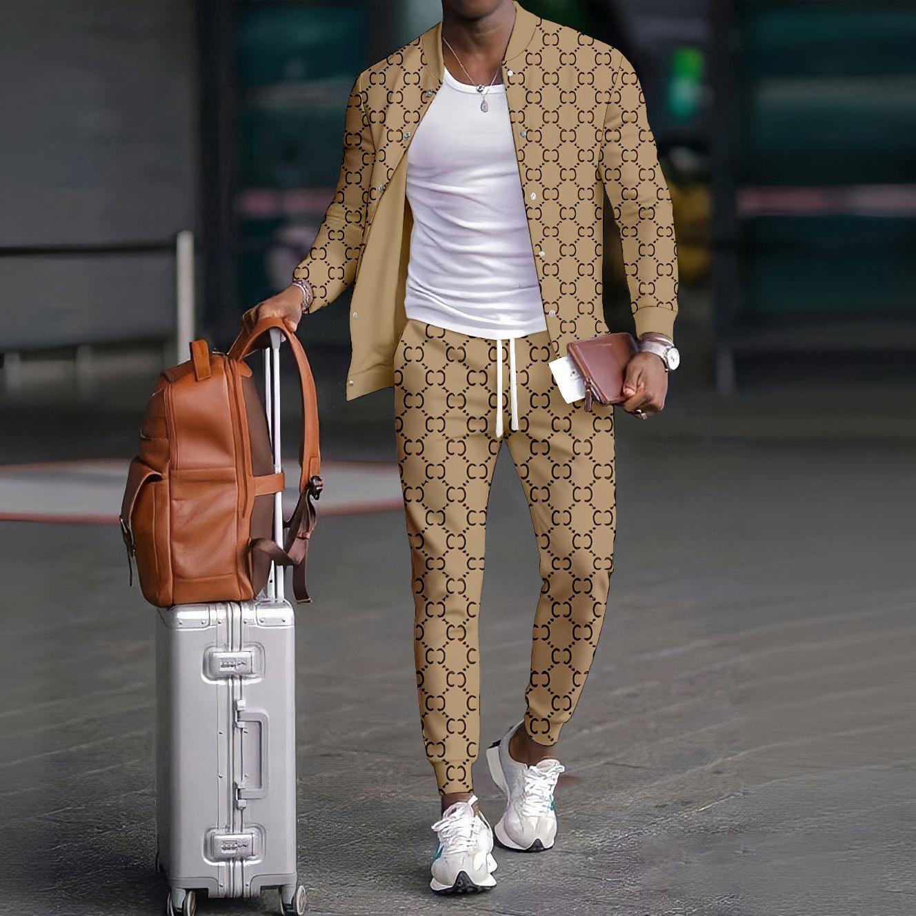 Men's Casual Color Matching Printed Round Neck Long Sleeved Jacket & T