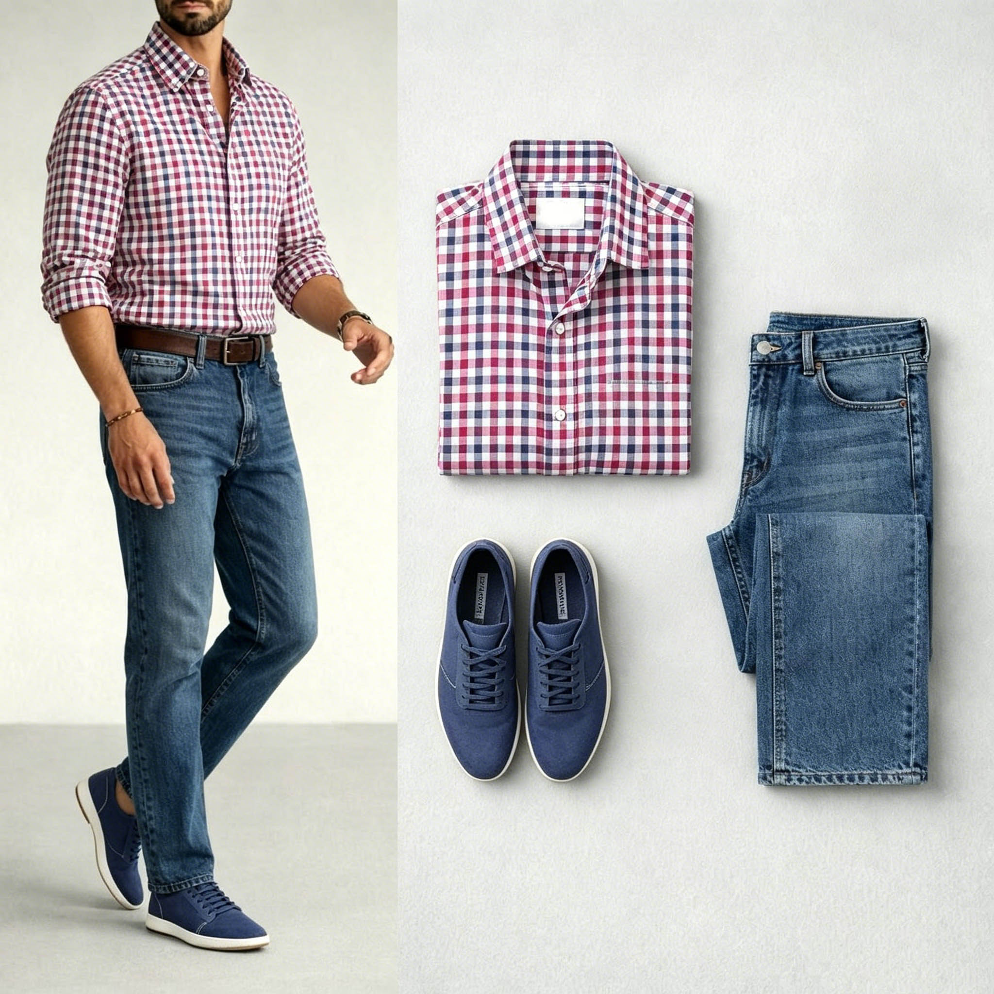 Men's Pink & Navy Color Matching Retro Style Plaid Printed Lapel Collar Long Sleeves Shirt & Jeans Two-Piece Set