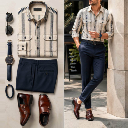 Men's Casual Vertical Stripe Printed Linen Long Sleeve Shirt & Navy Chino Pants Two-Piece Set