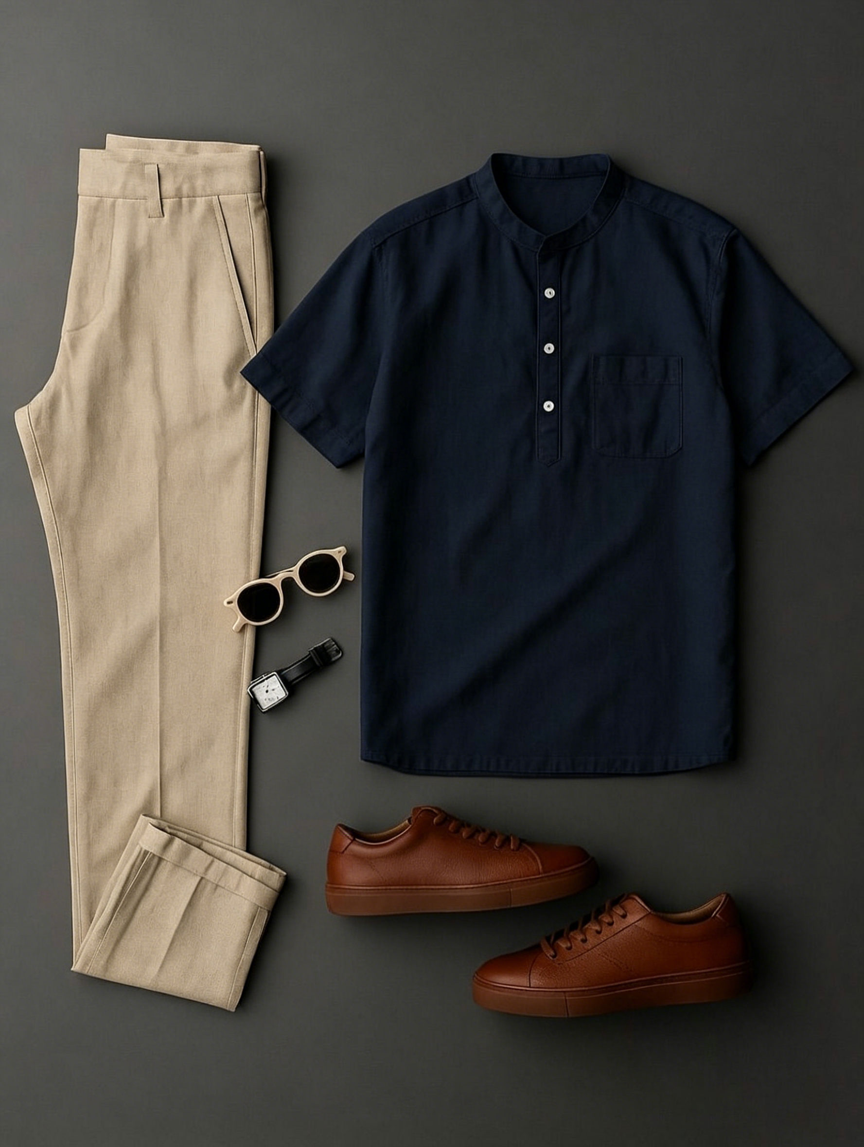 Men's Navy Blue & Khaki Color Short Sleeves Henry Collar Shirt & Chino Pants Two-Piece Set