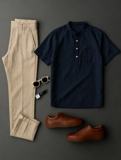 Men's Navy Blue & Khaki Color Short Sleeves Henry Collar Shirt & Chino Pants Two-Piece Set
