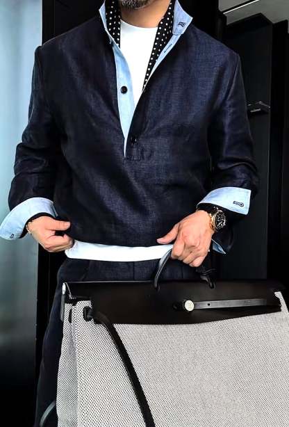 Premium Linen Mandarin Collar Suit-Sky Blue