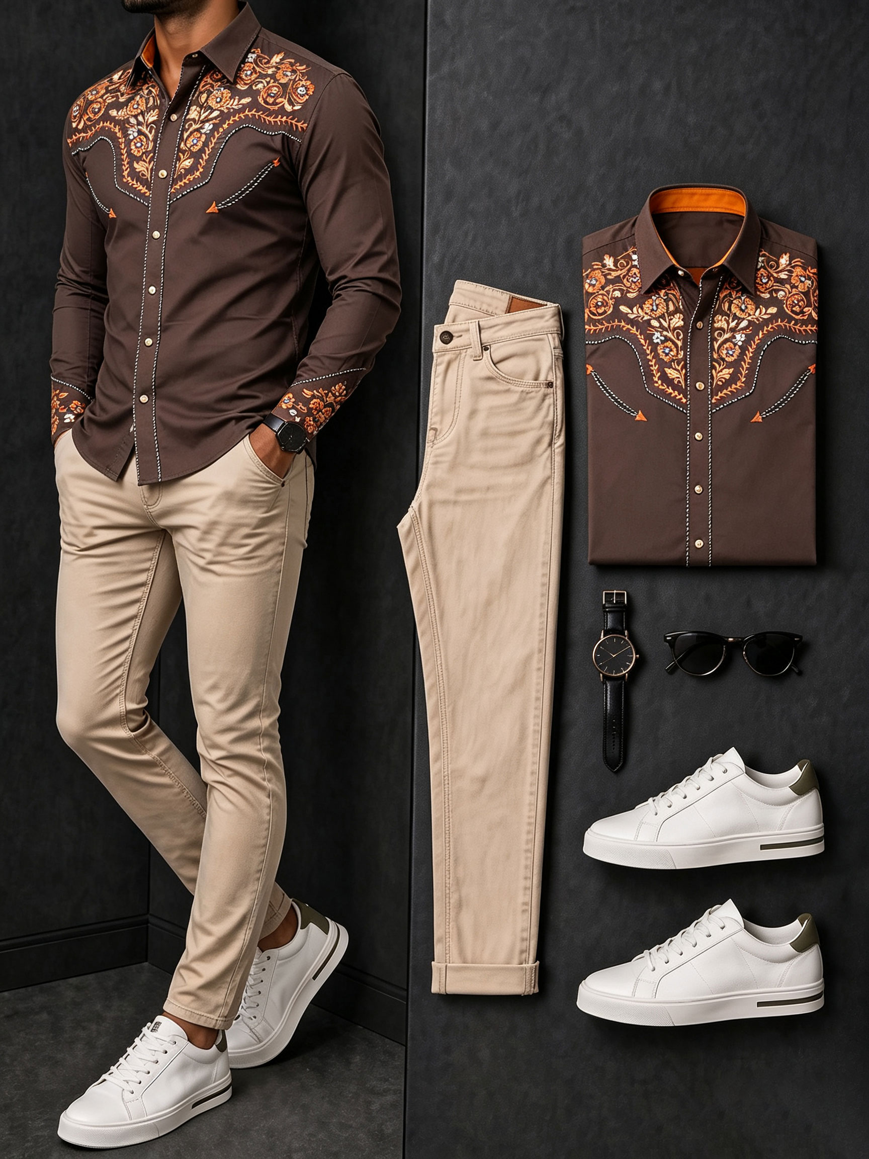 Men's Casual Brown Retro Style Printed Long Sleeves Shirt & Khaki Jeans Pants Two Piece Set