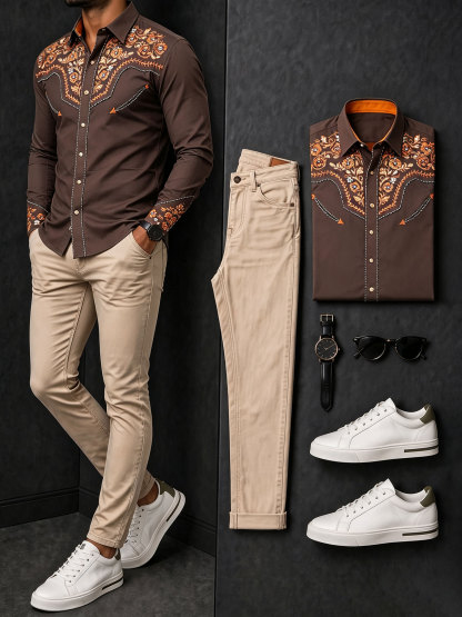 Men's Casual Brown Retro Style Printed Long Sleeves Shirt & Khaki Jeans Pants Two Piece Set