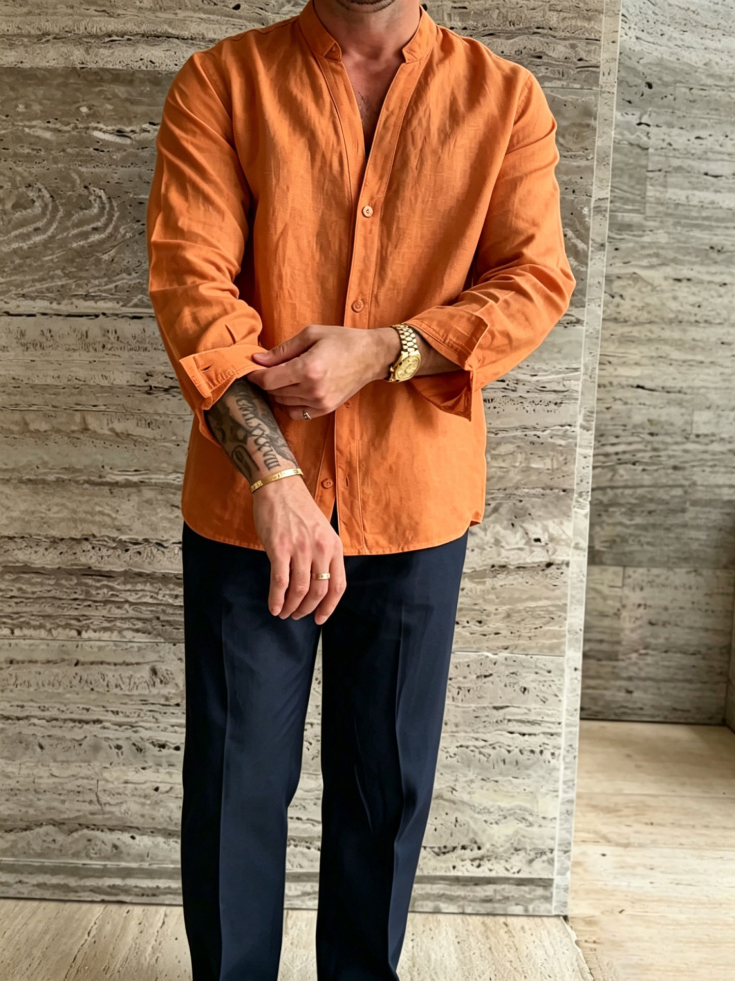 Premium Linen-Blend Mandarin Collar Suit