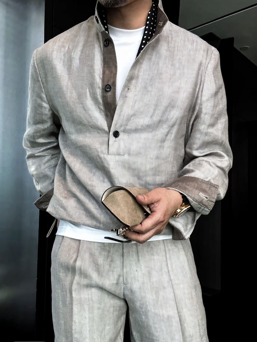 Premium Linen Mandarin Collar Suit-Sky Blue