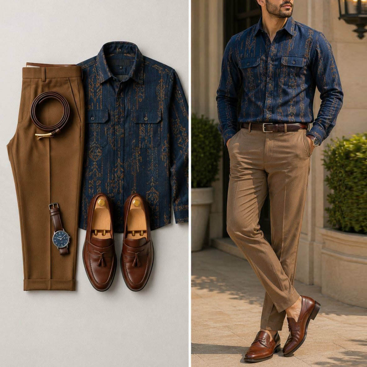 Men's Casual Ethnic Pattern Printed Denim Long Sleeve Shirt & Khaki Chino Pants Two-Piece Set
