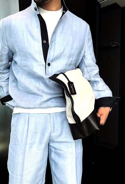 Premium Linen Mandarin Collar Suit-Sky Blue
