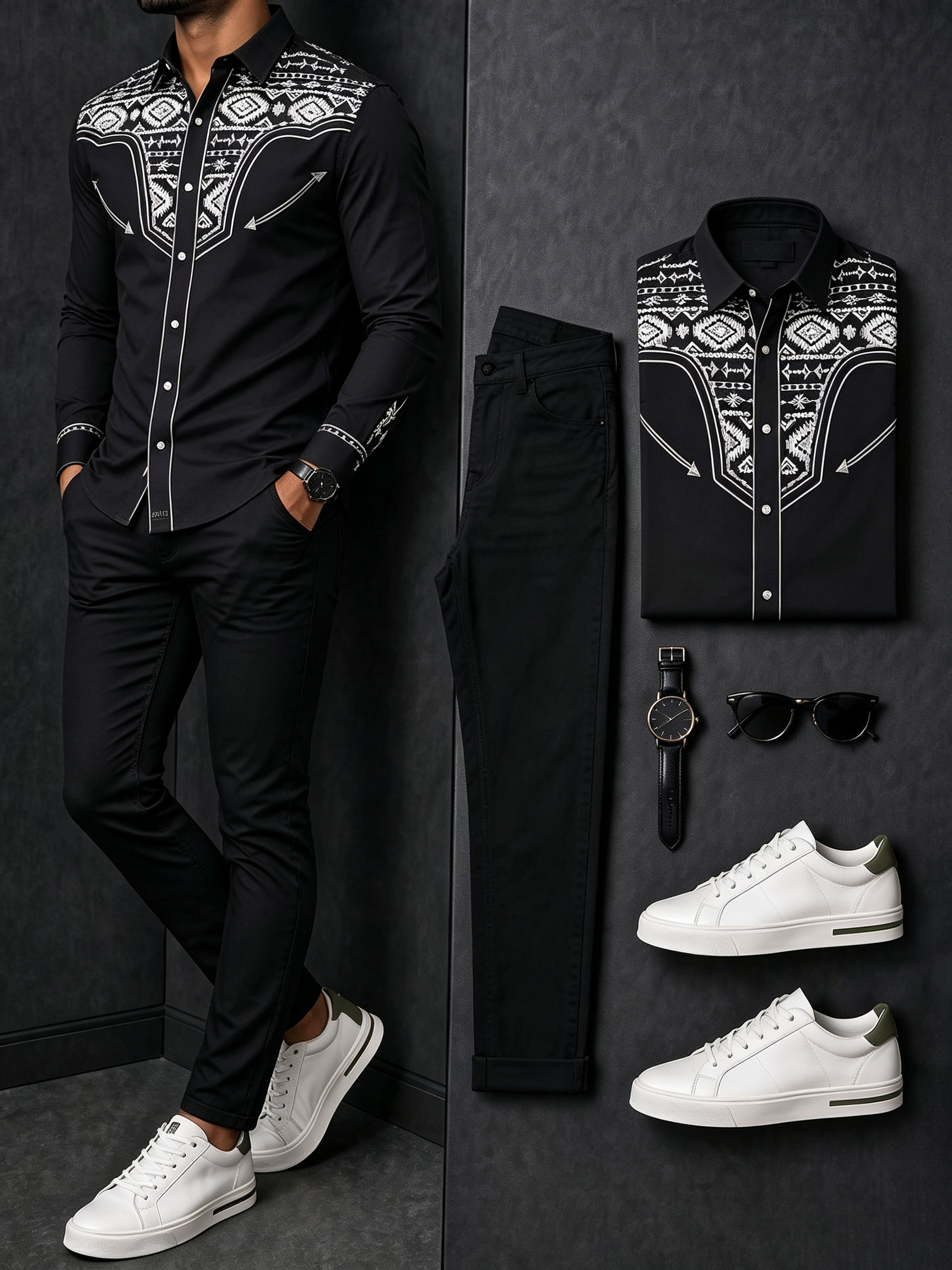 Men's Casual Black Retro Style Printed Long Sleeves Shirt & Jeans Pants Two Piece Set