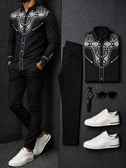 Men's Casual Black Retro Style Printed Long Sleeves Shirt & Jeans Pants Two Piece Set