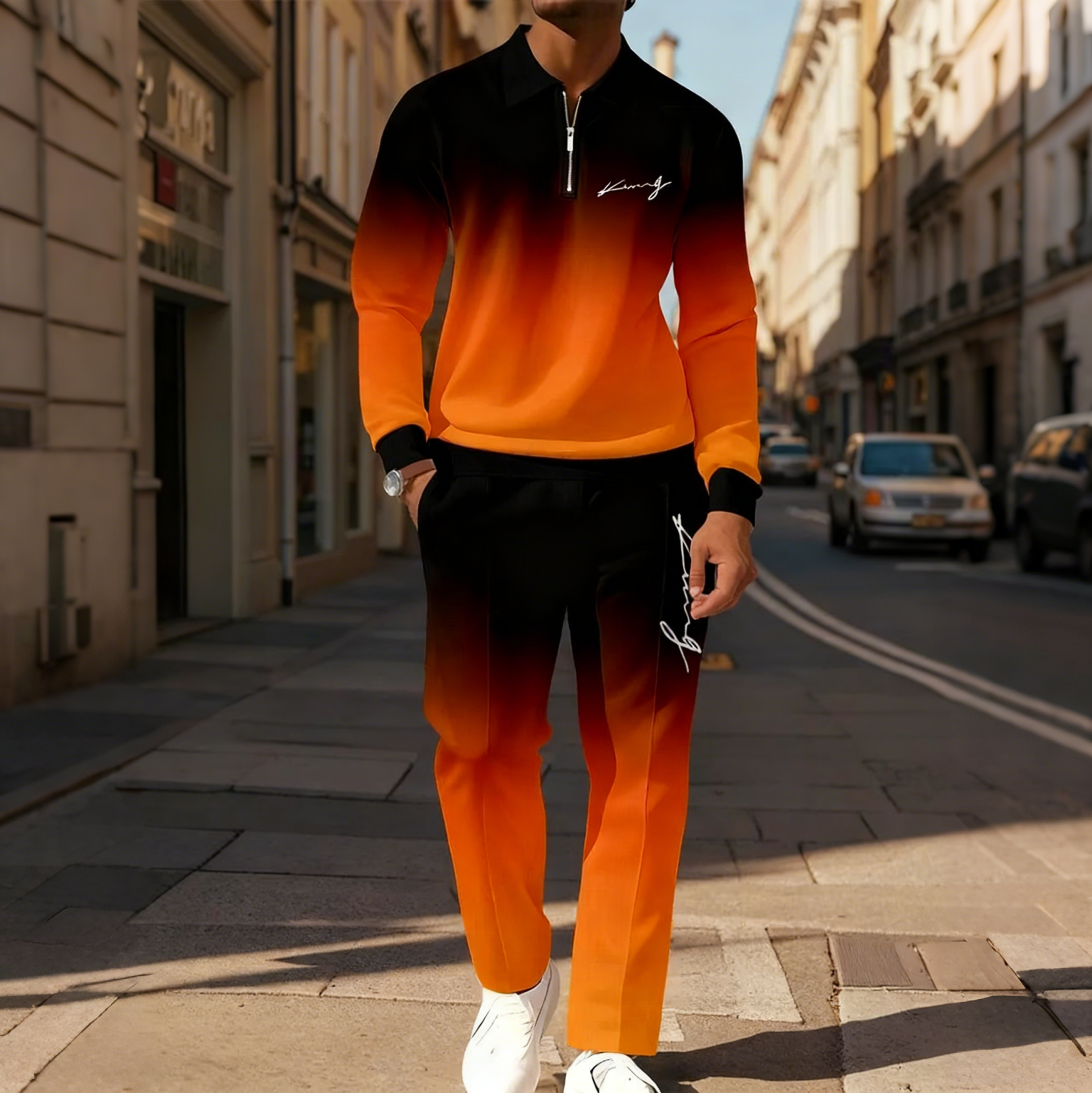 Men's Casual Color-Blocked Long-Sleeve Polo Shirt and Trousers Set