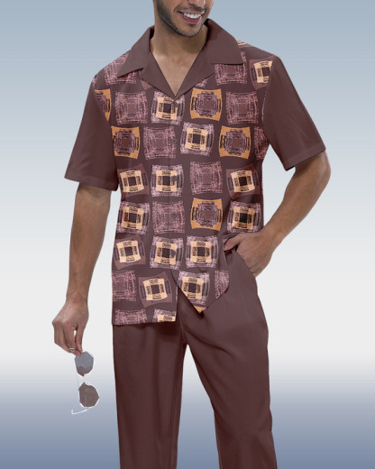 Men's Color Block Short Sleeve Shirt Walking Set