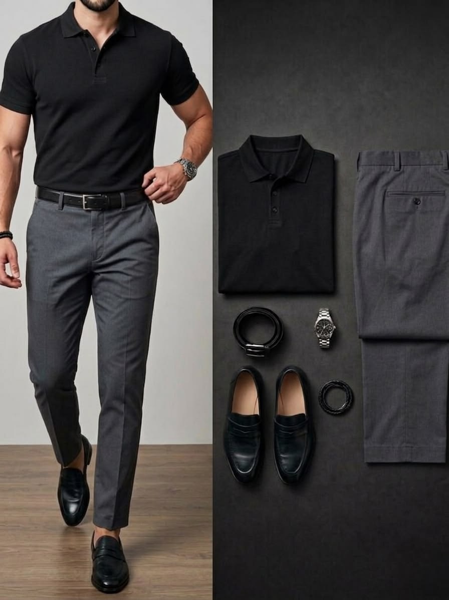 Men's Black & Dark Gray Color Matching Short Sleeves Polo Shirt & Chino Pants Two-Piece Set