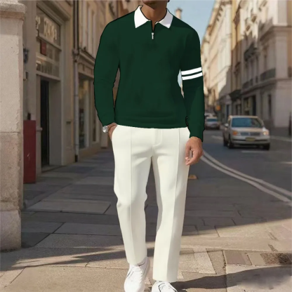 Men's Casual Color Matching Printed Polo-Collar Zipper Long Sleeved Trousers Two-Piece Set