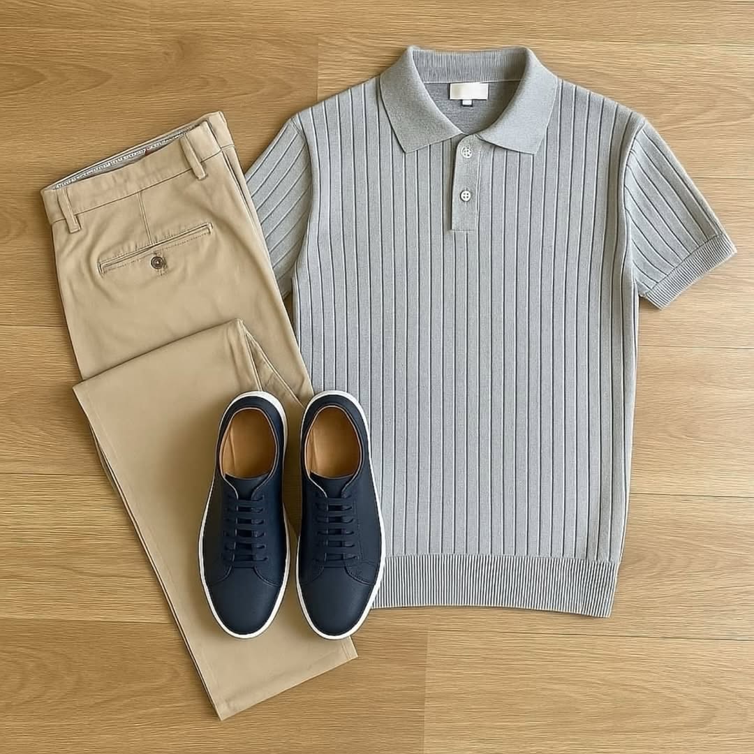 Men's Casual Solid-Color Printed Polo Shirt & Trousers Two-Piece Set